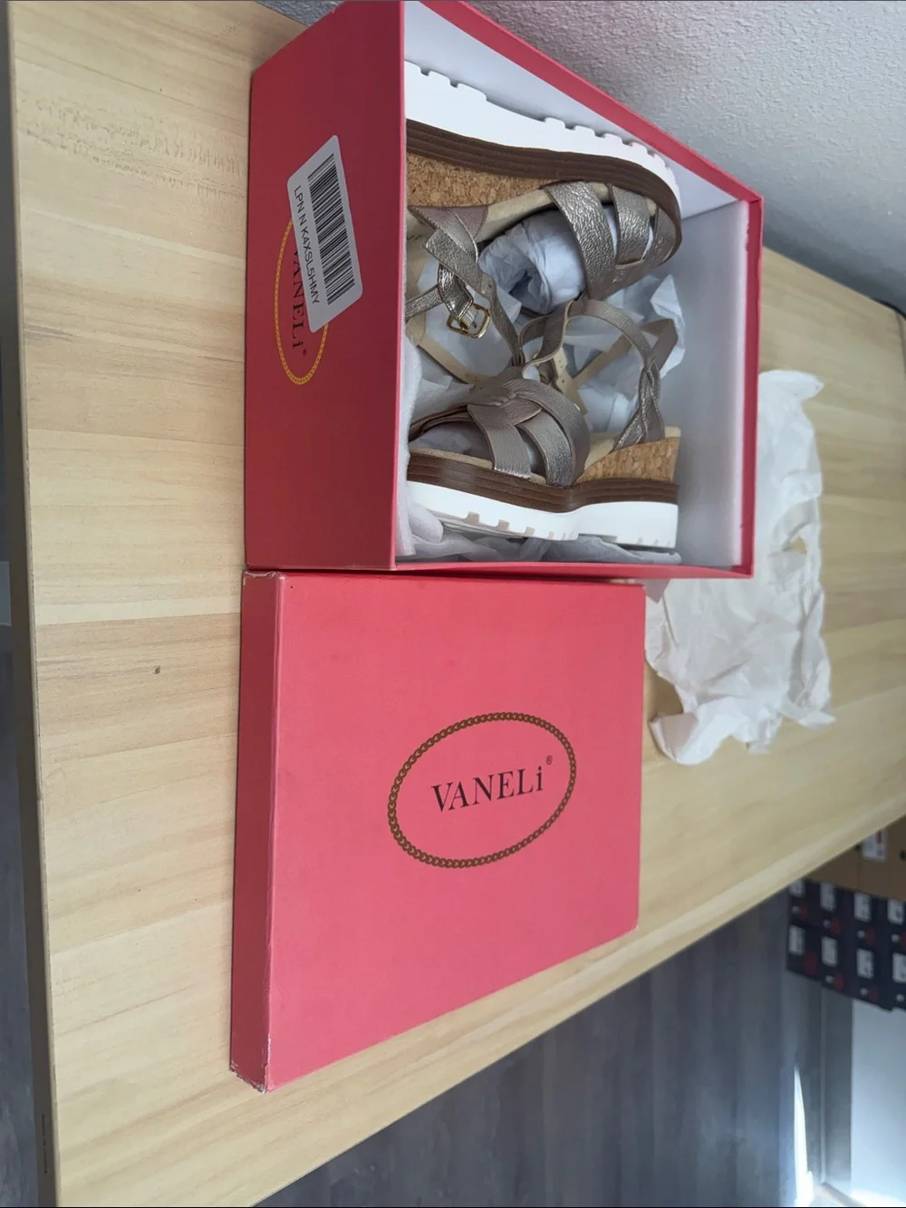 Vaneli Metallic Silver Cork Wedge Sandals